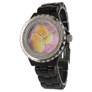 Rosa Blume Gelb Rosa Schwarzer Kristall Beobachten Armbanduhr