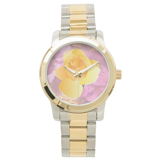 Rosa Blume Gelb Rose Armband in zwei Farbtönen Armbanduhr (Vorderseite)