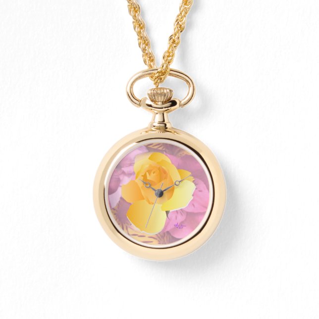 Rosa Blume Gelbe Rose Gold Wraparodie Uhr (Vorderseite)