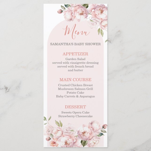 Rosa Blume Girl Baby Shower Baby im Bloom Menü Menükarte (Vorderseite)
