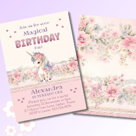 Rosa Blume Girl Unicorn 1. Geburtstag Party Einladung