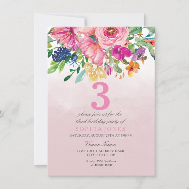 Rosa Blume Girls Kinder Geburtstagsparty Einladung (Vorderseite)