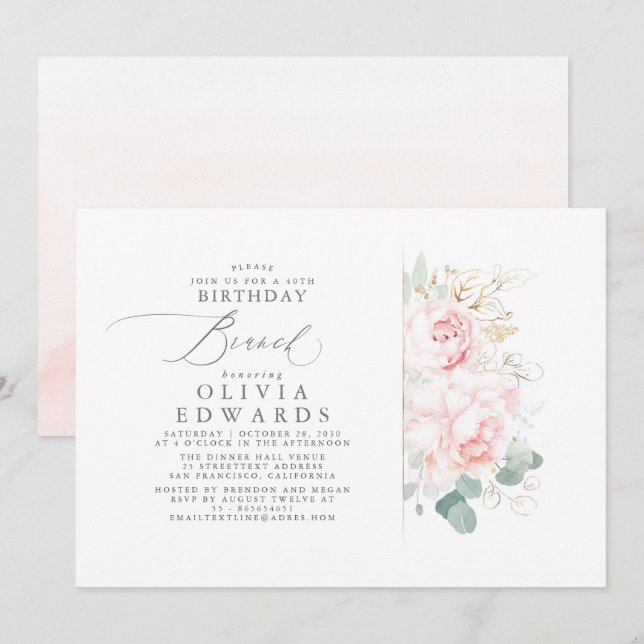 Rosa Blume Gold Blätter Elegantes Brunch Einladung (Vorne/Hinten)