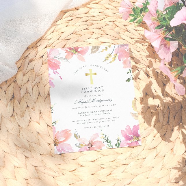Rosa Blume Gold Cross Erste Heilige Kommune Einladungspostkarte (Von Creator hochgeladen)