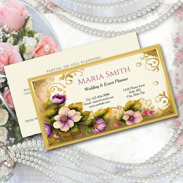 Rosa Blume Gold Filigree Event Planner Visitenkarte (Von Creator hochgeladen)