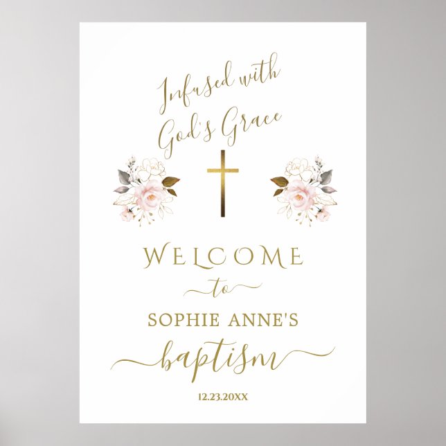 Rosa Blume Gold Girl Taufe Begrüßungszeichen Poster (Vorne)