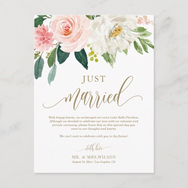 Rosa Blume Gold Just Married Foto Hochzeit Postkarte (Vorderseite)