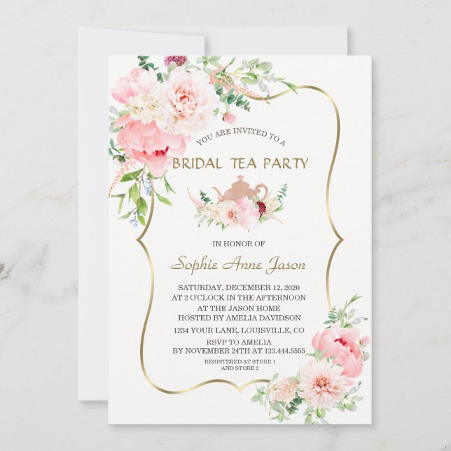 Rosa Blume Goldene Bridal Teezeremonie Party Einladung (Vorderseite)