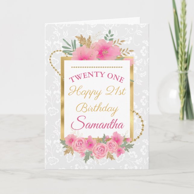 Rosa Blume Goldene Foil Happy Birthday Karte (Vorderseite)