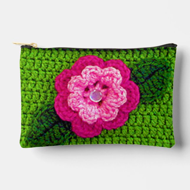 Rosa Blume Grass Green Leaf Kunsthandwerk Crochet  Zubehörtasche (Vorderseite)