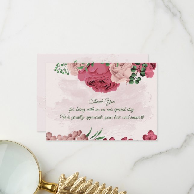 Rosa Blume Grün Blätter botanische Hochzeit Dankeskarte (Vorderseite/Rückseite Beispiel)