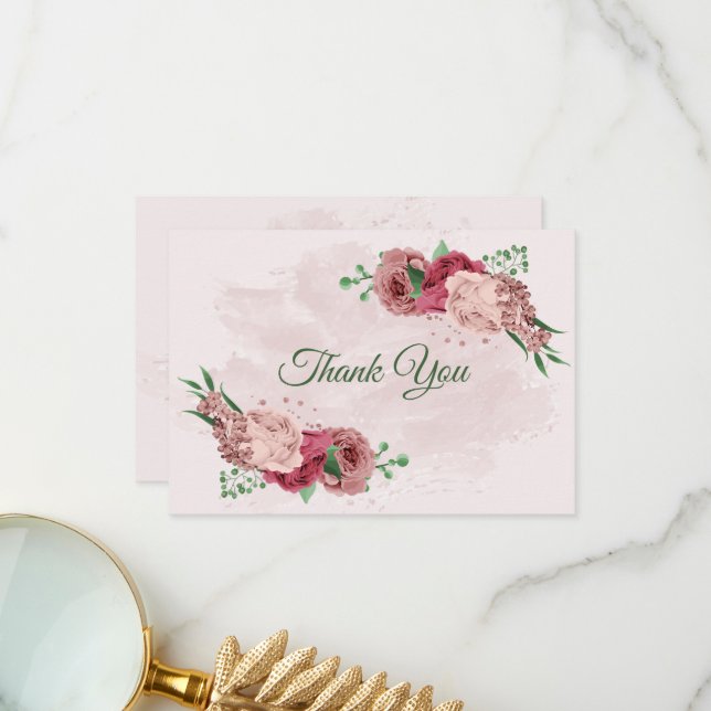 Rosa Blume Grün Blätter botanische Hochzeit Dankeskarte (Vorderseite/Rückseite Beispiel)