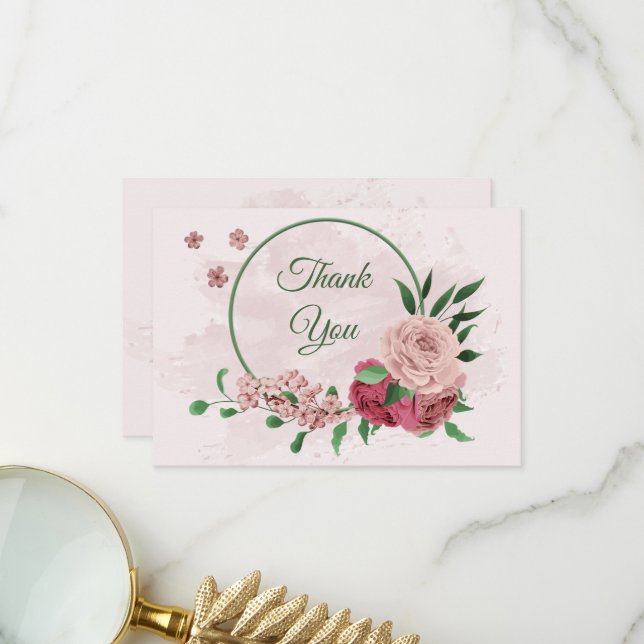 Rosa Blume Grün Blätter botanische Hochzeit Dankeskarte (Vorderseite/Rückseite Beispiel)