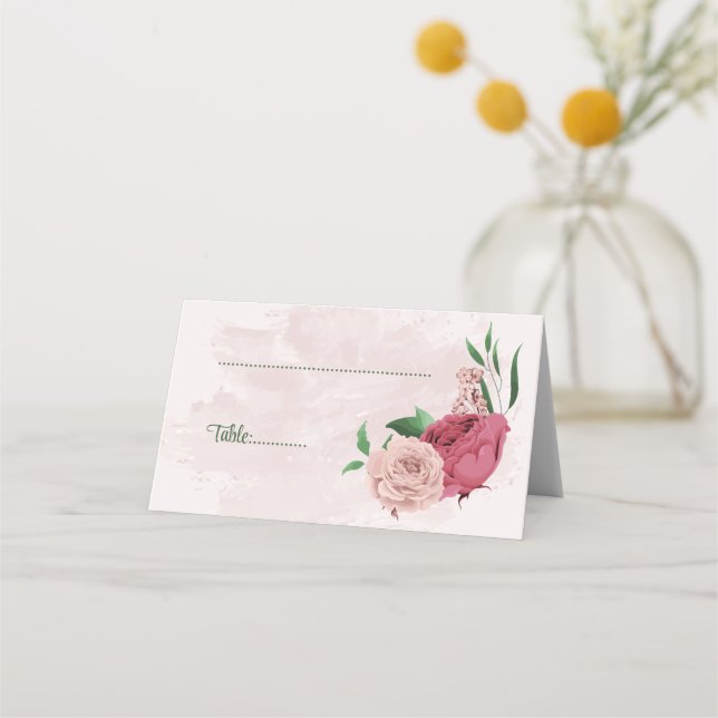 Rosa Blume Grün Blätter botanische Hochzeit Platzkarte (Vorderseite)