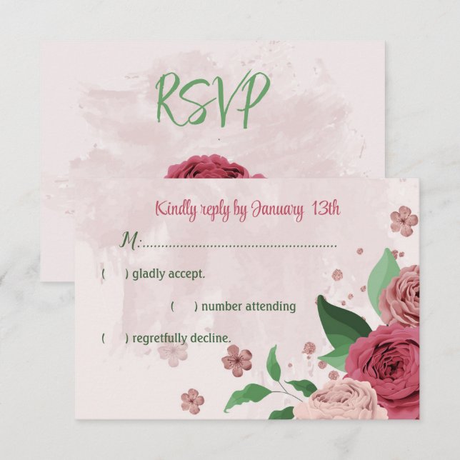 Rosa Blume Grün Blätter botanische Hochzeit RSVP Karte (Vorne/Hinten)
