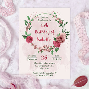 Rosa Blume Grün Blätter botanischer Geburtstag Einladung
