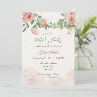 Rosa Blume grün Blätter Geburtstag Einladung