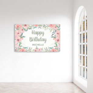 Rosa Blume Grün Blätter Geburtstag glücklich Banner