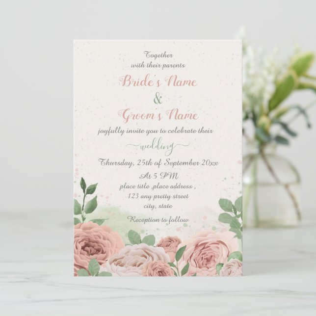 Rosa Blume grün Blätter Hochzeit Einladung (Stehend Vorderseite)
