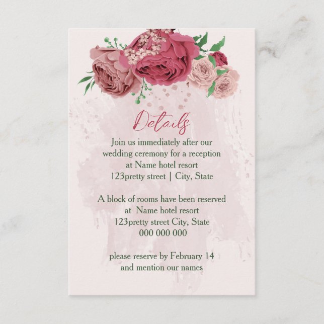 Rosa Blume Grün Blätter Hochzeitsdetails Begleitkarte (Vorderseite)