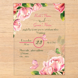 Rosa Blume Grün Blätter Schmetterlinge Hochzeit Acryleinladungen
