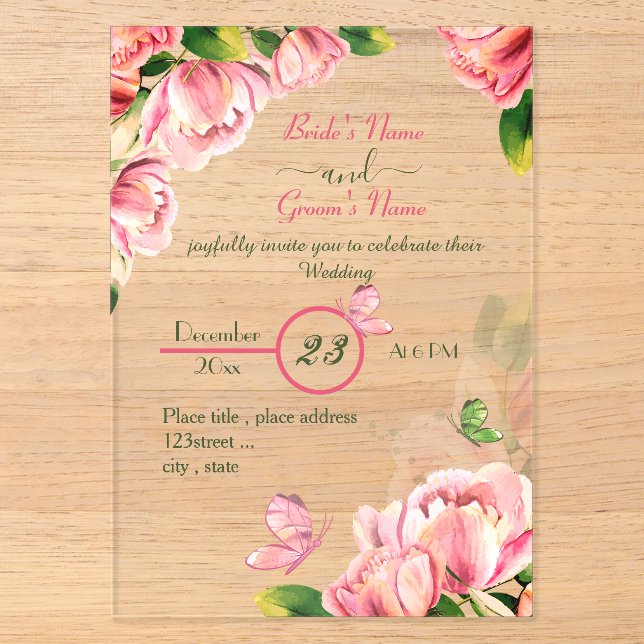 Rosa Blume Grün Blätter Schmetterlinge Hochzeit Acryleinladungen (Vorderseite)