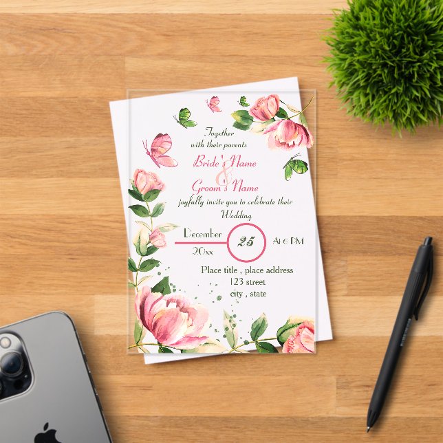 Rosa Blume Grün Blätter Schmetterlinge Hochzeit Acryleinladungen (Insitu (Einladungskarte))
