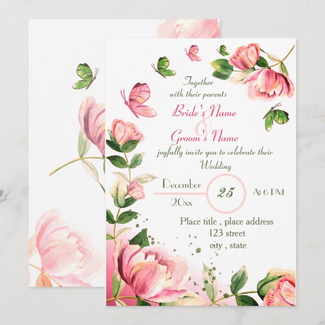 Rosa Blume Grün Blätter Schmetterlinge Hochzeit Einladung (Vorne/Hinten)