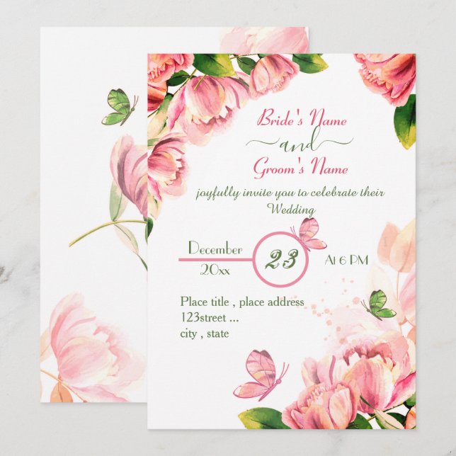Rosa Blume Grün Blätter Schmetterlinge Hochzeit Einladung (Vorne/Hinten)