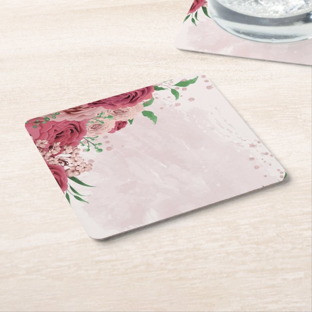 Rosa Blume Grüne Blätter Hochzeit Rechteckiger Pappuntersetzer (angewinkelt)