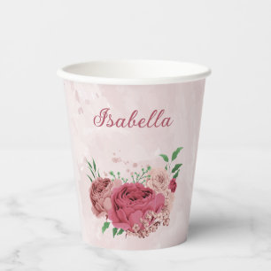 Rosa Blume, grüne Blätter Pappbecher