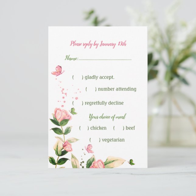 Rosa Blume, grüne Blätter Schmetterling RSVP Karte (Stehend Vorderseite)
