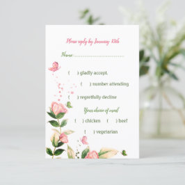Rosa Blume, grüne Blätter Schmetterling RSVP Karte