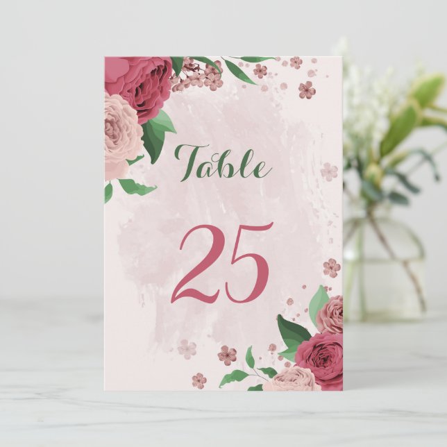 Rosa Blume, grüne Blätter Tischnummer (Stehend Vorderseite)