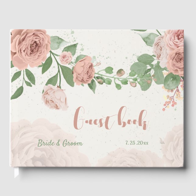 Rosa Blume Grüne Hochzeit Gästebuch (Vorderseite)