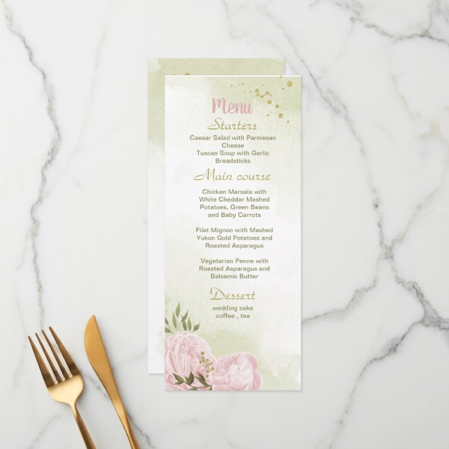 Rosa Blume Grüne Hochzeit Menükarte (Vorderseite/Rückseite Beispiel)