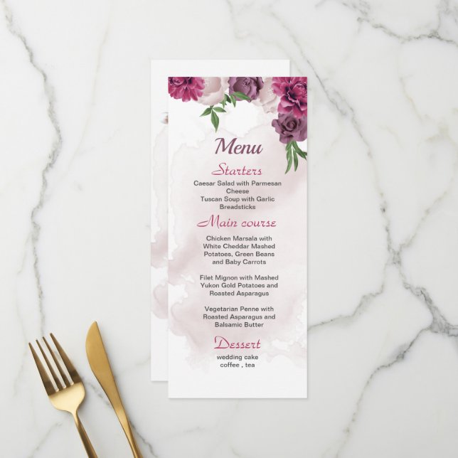 Rosa Blume Grüne Hochzeit Menükarte (Vorderseite/Rückseite Beispiel)