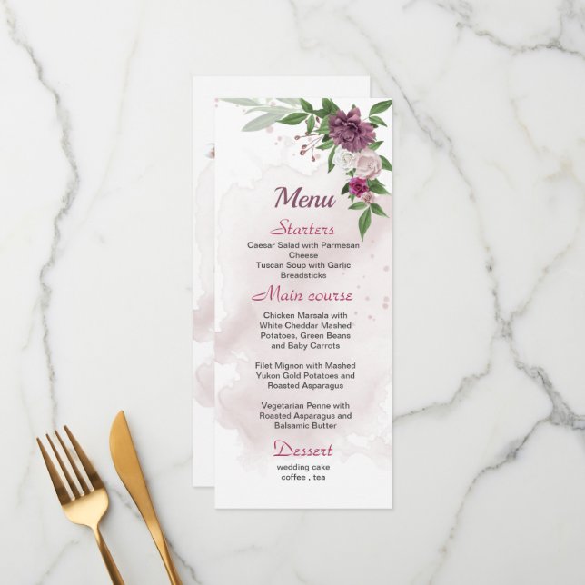 Rosa Blume Grüne Hochzeitskarte Menükarte (Vorderseite/Rückseite Beispiel)
