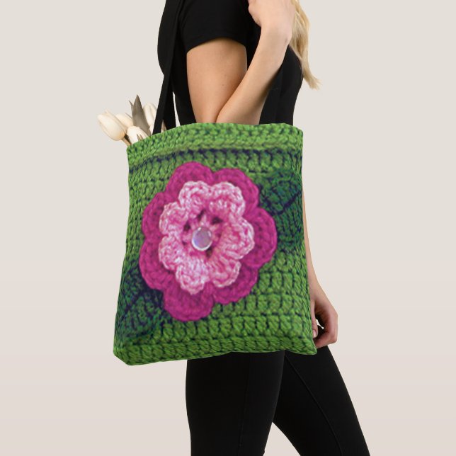 Rosa Blume Grüne Linke Kunsthandwerk Crochet Print Tasche (Von Nahem)