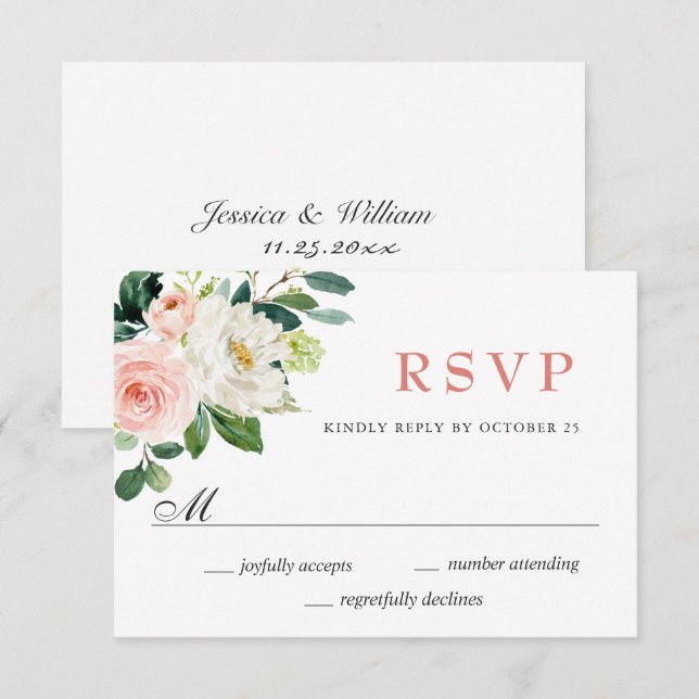Rosa Blume Grüne Wasserfarbenhochzeit RSVP Karte (Vorne/Hinten)
