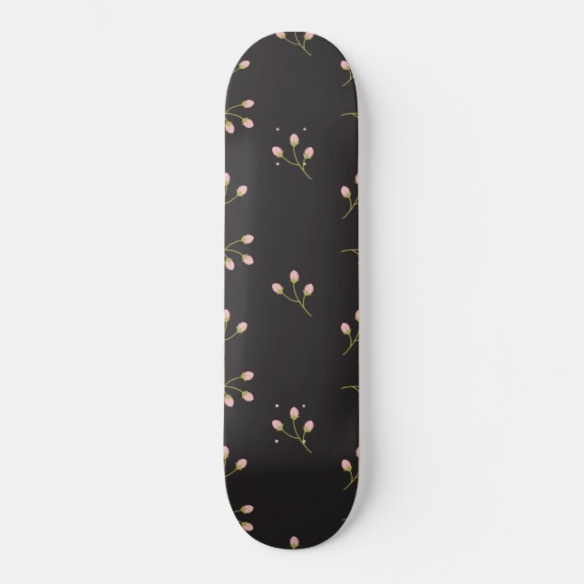 Rosa Blume Grüner Stechschwarzer Blütenfrühling Skateboard (Vorderseite)