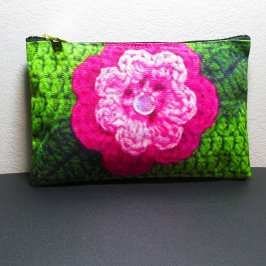 Rosa Blume Grünes Leaf Kunsthandwerk Crochet Print Zubehörtasche