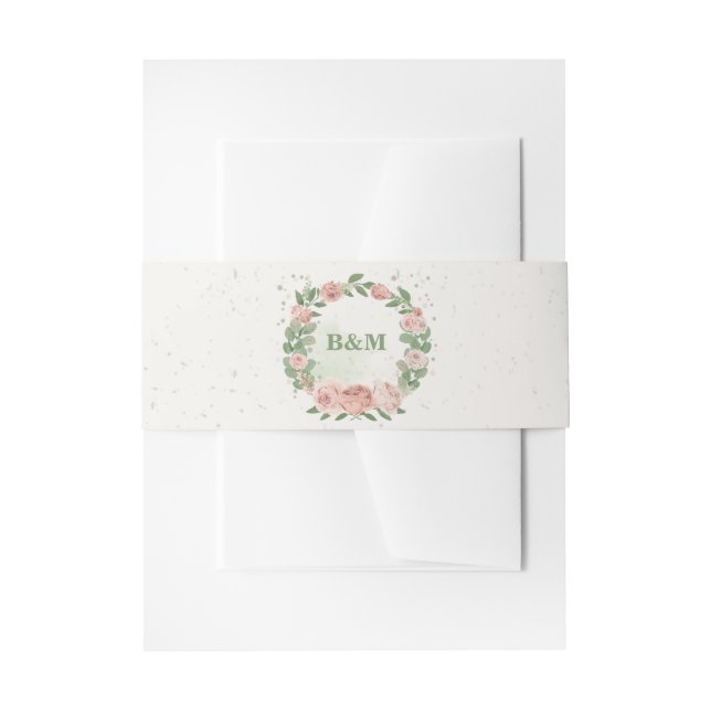 Rosa Blume Grünpflanzen botanische Hochzeit Einladungsbanderole (Vorderseite Beispiel)