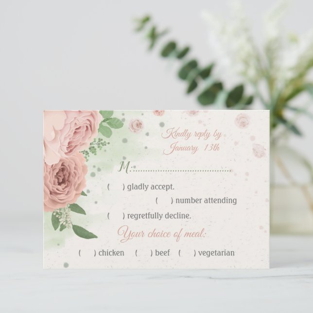 Rosa Blume, Grünpflanzen botanische Speisen RSVP Karte (Stehend Vorderseite)