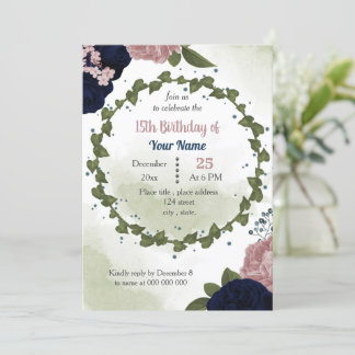 Rosa Blume Grünpflanzen Geburtstagsparty Einladung