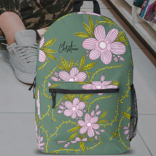 Rosa Blume Hellgrüne Blätter Stiele und Name Bedruckter Rucksack (Von Creator hochgeladen)