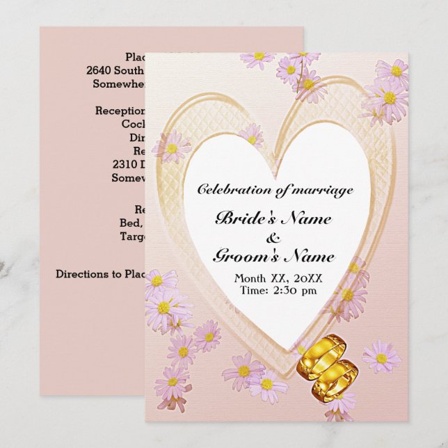 Rosa Blume Herz-Rahmen & Goldrings Hochzeit Einladung (Vorne/Hinten)