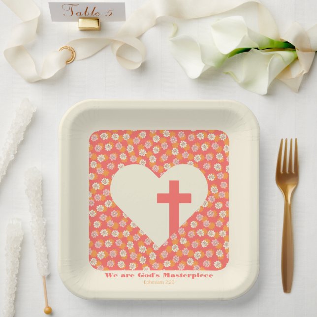 Rosa Blume Herz und Christliches Kreuz Pappteller (Hochzeit)