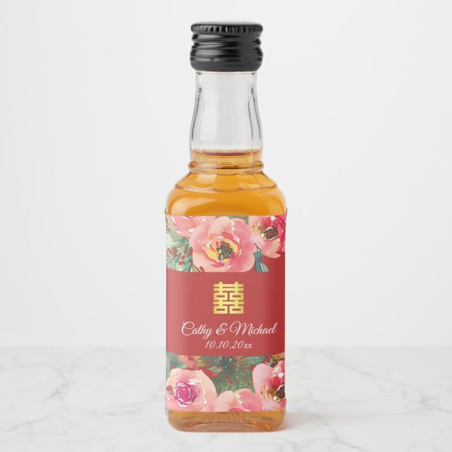 Rosa Blume im Hintergrund Doppelglückssymbol Alkoholflaschenetikett (Vorderseite)