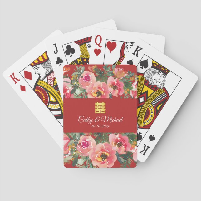 Rosa Blume im Hintergrund Doppelglückssymbol Spielkarten (Rückseite)